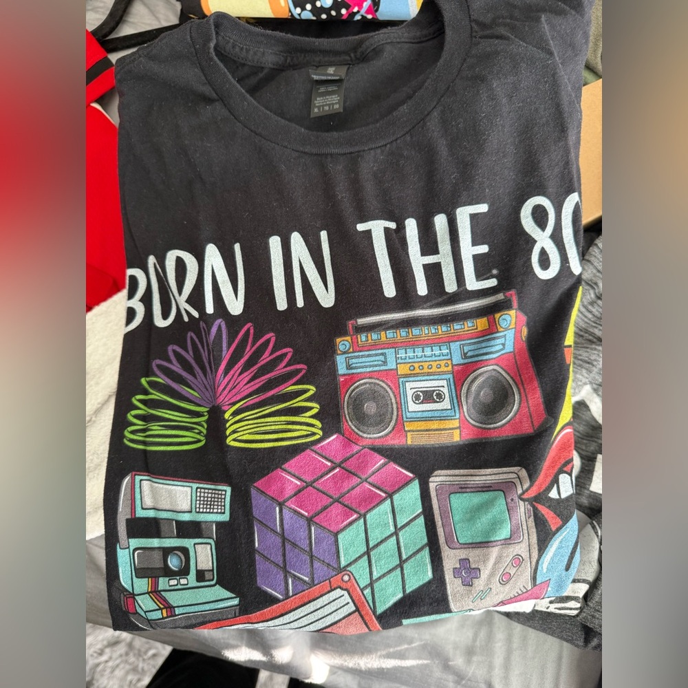Born in the 80's Black Graphic Tee with Neon Retro Print